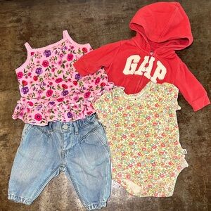 GAP Baby 0-3M Bundle Hooded Sweatshirt,Jeans,Floral Onsie, Floral Sleeveless Top